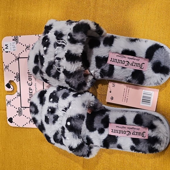 Juicy Couture Fuzzy Leopard Slippers 6.5/7.5 M - Picture 1 of 6